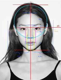 a woman's face is shown with the lines drawn across her body to show different angles