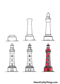 four lighthouses are shown in different colors