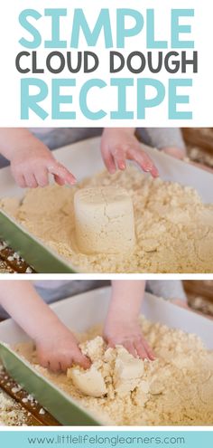 two pictures showing how to make a simple cloud dough recipe, with text overlay