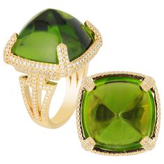 Peridot Sugar Loaf Square Cab Ring with Diamonds in 18k Yellow Gold, from 'Rock N Roll' Coolection Stone size: 19 mm Gemstone Weight: Peridot- 37.16 Carats Diamond: G-H / VS, Approx Wt: 0.96 Carats Green Jewellery, Peridot Jewelry, Bezel Set Ring, Emerald Cut Rings, Rock N’roll, Contemporary Ring, Peridot Stone, Green Jewelry, Peridot Ring