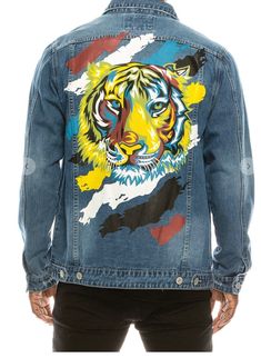 * Distressed Colorful Tiger Denim Jacket * Featuring Long Sleeve, and Casual Style. * 100% Cotton * Designed in the USA. * Cold Machine Wash and Tumble Low Dry Recommended. Do not Bleach. Spring Denim Blue Outerwear With Graphic Print, Spring Denim Outerwear With Graphic Print, Spring Medium Wash Outerwear With Graphic Print, Medium Wash Outerwear With Graphic Print For Spring, Relaxed Fit Denim Jacket With Graphic Print, Denim Blue Jacket With Graphic Print And Relaxed Fit, Medium Wash Graphic Print Outerwear For Spring, Denim Blue Denim Jacket With Graphic Print, Relaxed Fit, Relaxed Fit Denim Blue Denim Jacket With Graphic Print