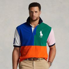 An American style standard since 1972 the Polo shirt has been imitated but never matched. Over the decades Ralph Lauren has reimagined his signature style in a wide array of colors and fits yet all retain the quality and attention to detail of the iconic original. This color-blocked Big & Tall version features a twill “3” patch representing the number typically worn by a polo team’s strongest player. Ralph Lauren partners with Better Cotton™ to improve cotton farming globally. Better Cotton trai Collared Cotton Top With Color Matching, Cotton Collared Top With Color Matching, Multicolor Collared Top With Color Matching, Multicolor Cotton Shirt With Contrast Color, Multicolor Contrast Cotton Shirt, Multicolor Collared Color Block Tops, Casual Multicolor Shirt With Contrast Color, Ralph Lauren Multicolor Casual Tops, Casual Multicolor Ralph Lauren Tops