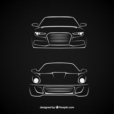 the front and side view of a car in black background with white outline on it