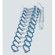 a white ladder with blue handles on it