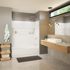 a bathroom with two sinks and a bathtub next to a window on the wall