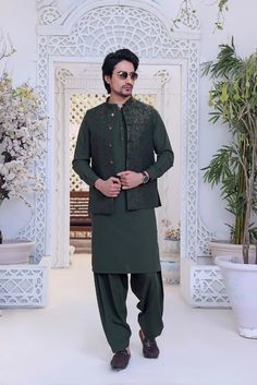 Premium Blended Fabric  Color Green Waist Coat Self Print Italian Thread  Metal Buttons Finest Stitch Branded Design Custom Sizes are also available. Green Nehru Jacket With Resham Embroidery For Eid, Green Nehru Jacket With Pallu, Green Nehru Jacket With Pallu For Eid, Green Bandhgala With Dabka Work For Transitional Season, Traditional Green Unstitched Suit For Formal Occasions, Green Traditional Unstitched Suit For Formal Occasions, Unstitched Green Traditional Bandhgala, Traditional Lawn Suit With Pallu For Transitional Season, Green Dabka Work Sherwani For Eid