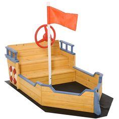 a wooden boat with a red flag on it's side and steps leading up to the deck