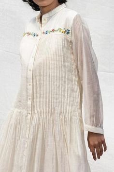 Shop for Dhaari White Silk Handwoven Dress With Inner for Women Online at Aza Fashions Embroidered Motifs, Ivory Dress, Ivory Dresses, White Silk, Women Dresses, Aza Fashion, Button Placket, Three Quarter, Hand Embroidered