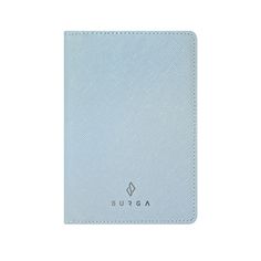 a blue passport case with the word buga written in silver on it's side