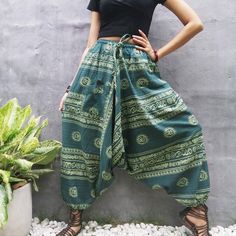 Harem Pants Women Hippie Clothing Boho Clothing Festival Pants | Etsy Green Bohemian Relaxed Fit Harem Pants, Cotton Hippie Harem Pants For Yoga, Festival Wide Leg Harem Pants With Elastic Waistband, Casual Harem Pants For Festivals, Casual Festival Harem Pants, Green Baggy Harem Pants In Hippie Style, Baggy Cotton Harem Pants Ankle-length, Baggy Green Hippie Harem Pants, Baggy Cotton Ankle-length Harem Pants