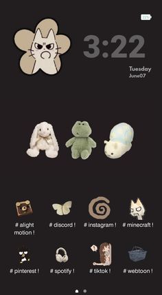 an iphone screen showing the time and date for different things to see on it, including stuffed animals