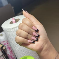 Pink Base Black French Tip Nails, Black French Tip With Pink Base, Black French Tip, Black Acrylic Nails, Diy Acrylic Nails, French Acrylic Nails