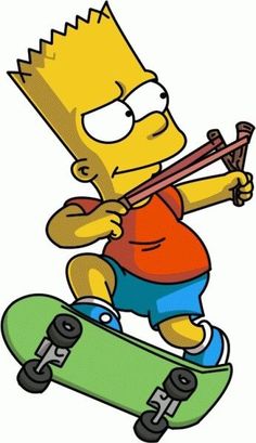 the simpsons riding a skateboard while holding a stick