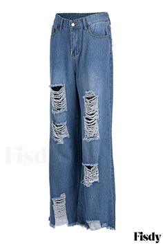 Fisdy - Vaqueros de cintura alta en azul bebé para un look casual y a la moda Baggy Medium Wash Ripped Bottoms, Baggy Ripped Medium Wash Bottoms, Boot Print, Distressed Denim Jeans, Ripped Denim, Wide Leg Denim, Straight Pants, High Waisted Denim, Casual Jeans