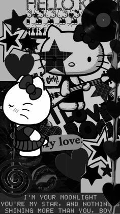 a black and white photo with an image of hello kitty in the middle, surrounded by stars