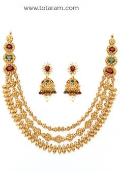 22K Gold Necklace & Jhumkas Set with Uncut Diamonds - 235-DS457 - Buy this Latest Indian Gold Jewelry Design in 67.350 Grams for a low price of  $6,088.39 22 Karat Gold Jewelry, Indian Gold Jewellery Design, Uncut Diamond Necklace, Indian Diamond Jewellery, Indian Gold Jewelry, 22k Gold Necklace, Temple Jewelry Necklace, Gold Necklace Indian, 22k Gold Jewelry