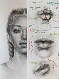 two drawings of the same woman's face, one showing her upper lip and lower lip