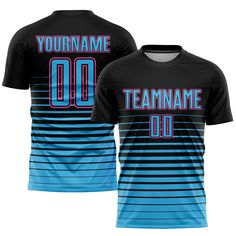 a black and blue striped shirt with the number 00 on it, that says your name is