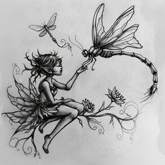 Illuminated Fairy Tattoo Kit Fairy Tattoo On Thigh, Book Fairy Tattoo, Garden Fairy Tattoo Designs, Whimsical Forest Tattoo, Dragonfly Fairy Tattoo, Fairy Sitting On Mushroom Tattoo, Pixie Fairy Tattoo Ideas, Vintage Fairy Tattoo