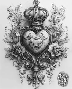 a drawing of a heart with a crown and flowers in the center on a white background