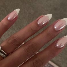 Simple Chrome French Tip Nails, French Nail Crome, French Tip Crom Nails, Fresh Chrome Nails, French W Chrome, Chrome French Dip Nails, White French Crome Nails, Hoco Nails For Light Blue Dress, Almond Nails French Tip Chrome