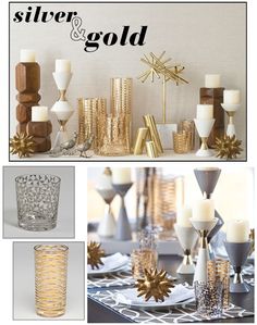 a collage of gold and silver items including candles, vases and other decorations