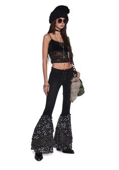 These pants have a stretchy denim construction, a raw waistband, adjustable front lace up closures, and layered chiffon floral print flares. Denim Flare Pants, Current Mood Clothing, Printed Flare Pants, Random Style, Denim Clothing, Chiffon Floral, Current Mood, Fairy Dress, Denim Flares