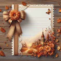 an old fashioned photo frame decorated with autumn leaves and a bow on a wooden background