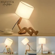 the lamp is made out of wood and has a white light on top of it