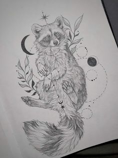 a drawing of a raccoon sitting on top of a piece of paper with the moon