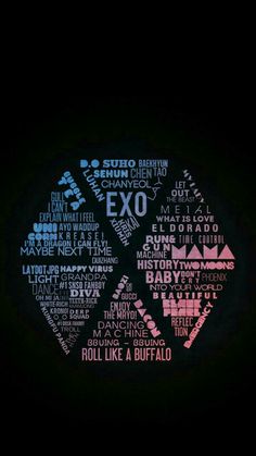 the word exo written in different languages on a black background with pink and blue colors