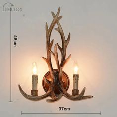 the antler light fixture has two candles in it and is attached to the wall