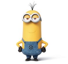 a minion with big eyes and overalls standing in front of a white background