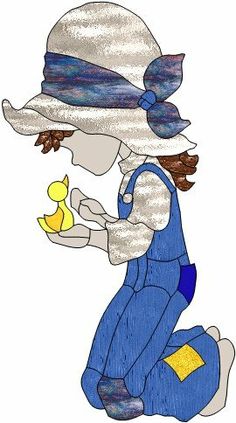 a drawing of a person sitting on the ground with a duck in their hand and wearing overalls