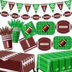 an image of a football themed party supplies set up for a game day celebration with green and brown colors