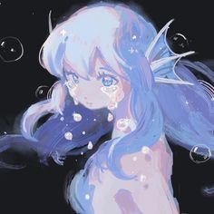 a painting of a girl with blue hair and stars on her body, surrounded by bubbles