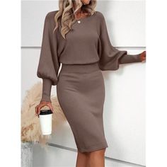 -Item Id 23263247 -Neckline: Round Neck -Sleeve Type: Batwing Sleeve -Style: Elegant -Waist Line: High Waist -Hem Shaped: Straight -Color: Mocha Brown -Pattern Type: Plain -Sleeve Length: Long Sleeve -Length: Knee Length -Fit Type: Regular Fit -Fabric: Slight Stretch -Material: Fabric -Composition: 100% Acrylic -Care Instructions: Hand Wash Or Professional Dry Clean -Temperature: Late Fall (10-17/50-63) -Sheer: No **Open To Offers!!!** **Bundle To Save More** **30% Off Bundles Of 2 Or More Items Stylish Work Dresses, Classy Casual Dresses For Women, Casual Beige Bodycon Dress For Fall, Long Sleeve Sweater Dress For Fall Brunch, Fall Solid Color Sheath Midi Dress, Casual Bodycon Dress For Office, Long Sleeve Bodycon Dress For Office In Fall, Casual Sheath Bodycon Dress For Fall, Office Bodycon Dress With Long Sleeves For Fall