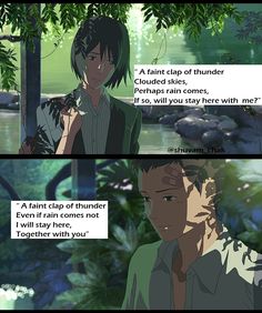 an anime scene with two people talking to each other