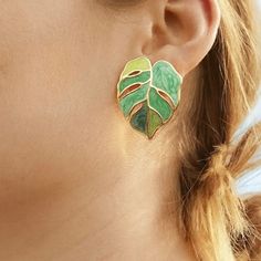 New Enamel Hypoallergenic Fast Shipping Nice Packaging Green Statement Earrings, Vintage Statement Earrings, Tropical Earrings, Plant Jewelry, Alloy Earrings, Bead Bangles, Statement Drop Earrings, Trendy Earrings, Enamel Flower