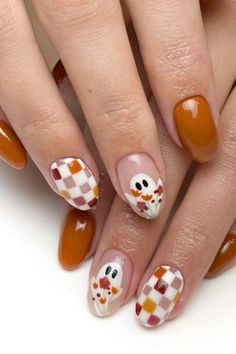 Fall Nails With Checkers, Fall Checkerboard Nails, Fall Nail Colors Designs, Checkered Nail Ideas, Checker Nails, Fun Fall Nails, Cute Fall Nail Designs, Construction Nails, Cute Fall Nails