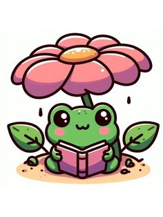 a frog reading a book under a flower