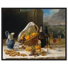 a painting of wine, oranges and grapes on a table with other food items