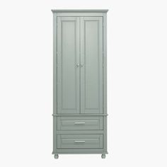 a gray armoire with two drawers on it