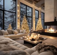 a living room filled with lots of white furniture and christmas trees in front of large windows