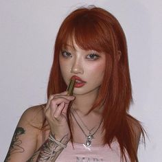 Red Lob With Bangs, Korean Orange Hair, Orange Hair Korean, Asian Orange Hair, Japanese Red Hair, Orange Hair Asian, Ginger Hair Asian, Asian Ginger Hair, Asian Copper Hair