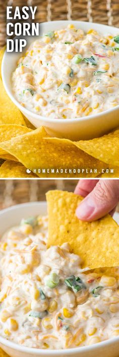 two pictures showing how to make an easy dip with corn and tortilla chips