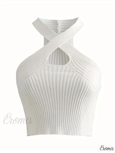 Eromis - Stylish and Trendy Womens Rib Knit Halter Crop Top, Sleeveless Casual Attire for a Flawless Look Crop Top Sleeveless, Halter Crop Top, Top Sleeveless, Casual Attire, Vintage Fabric, Top Casual, Casual Tops, Rib Knit, Collar Styles