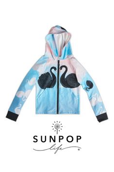 Swan Zip Up Hoodie UPF50+ available in size 2-12 #kidshoodiesgirls #upf50 #swan #love #blue #quickdry #moisturewicking #sunpoplife Swan Love, Love Blue, Black Bird