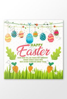 an easter card with eggs hanging from a line