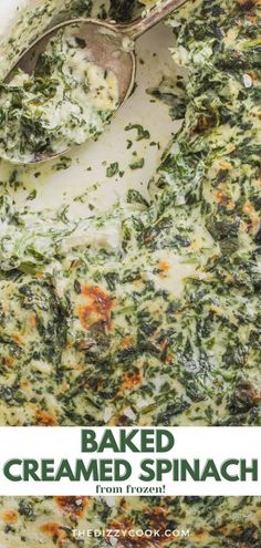 baked creamed spinach in a casserole dish with a spoon